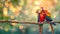 Pair of scarlet macaws perched on a branch with blurred background and copy space