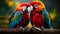 Pair of Scarlet Macaws Perched Intimately on a Branch. Generative AI