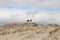 A pair of seagulls on the dunes in front of a dramatic sky. South Africa.