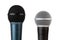 Pair of simple vocal microphones, mic grills closeup shot, objects isolated on white, cut out. Singing, recording voice