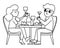 Pair sitting by the table, eating and drinking wine. Vector line illustration with French people. Woman and man having good time.