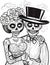 A pair of skeletons elegantly decorated for a party with hats and flowers. For the day of the dead and halloween. Black and white