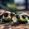 A pair of small turtles wearing tiny sunglasses, basking in the sun1