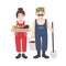 Pair of smiling male and female farm or garden workers carrying gathered harvest, shovel and bucket. Cute village couple