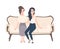 Pair of smiling young women dressed in elegant clothes sitting on classical sofa. Two cheerful female cartoon characters