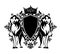Pair of standing wolves with heraldic shield and royal crown black and white vector design