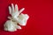 A pair of sterile white latex gloves on a red background. Concept of drawing attention to viral danger