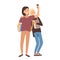 Pair of students holding books and making selfie on smartphone. Young man and woman, school friends or classmates