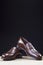 Pair of Stylish Expensive Modern Calf Leather Brown Penny Loafers Shoes.Closeup Shot