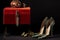 Pair of stylish high heels arranged next to velvet jewelry box. Generative AI