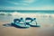 Pair of summer blue flipflops on beach. Generate ai