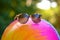 pair of sunglasses resting on a vibrant inflatable beach ball