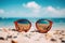A pair of sunglasses resting on the warm sand of a beach, ready to shield your eyes and enhance your beach experience, Sunglasses