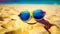 Pair of sunglasses with smiley face drawn on it sitting in the sand. Generative AI