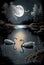 Pair of swans enjoy the silence of the night in the illumination of the moon.AI generated