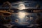 Pair of swans enjoy the silence of the night in the illumination of the moon.AI generated