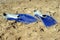 Pair of swimfins on the sand at sea