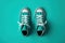 Pair of Teal Colored Sneakers with White Laces on Turquoise Background, Generative AI