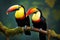 A pair of toucans perched on a moss-covered tree branch, A pair of toucans perched together on a tree branch, AI Generated