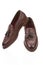 Pair of Traditional Formal Stylish Brown Pebble Grain Tassel Loafer Shoes On White Reflective Surface
