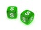 Pair of translucent green dice with dollar sign