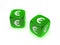 Pair of translucent green dice with euro sign