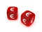 Pair of translucent red dice with euro sign