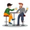 A pair of two friends of men drink foamy beer at a table in high bar stools. Characters raise glasses with alcohol and laugh,