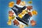 A pair of warm autumn black leather women`s boots on blue background with bunch of autumn leaves