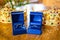 Pair of wedding rings in cases with holy crowns orthodox wedding tradition