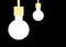 A pair of white bulb lights hanging from the ceiling in total darkness black backdrop