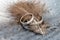 Pair of white gold band rings on gray background with feather