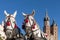 Pair of white horses with the Saint Mary`s Basilica in the background in the historic center of Krakow, Poland on a beautiful sunn