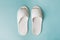 Pair of white house slippers on seafoam green background.