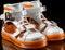 A pair of white and orange shoes on a reflective surface. Generative AI image.