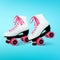 Pair of white roller skates with pink shoelaces on blue background