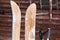 Pair of wide wooden hunting skis