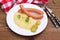 Pair of wiener sausage with mashed potatoes, mustard