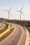 A pair of windmills in the Sierra del Merengue wind farm next to the Ruta de la Plata highway passing through Plasencia.