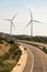 A pair of windmills in the Sierra del Merengue wind farm next to the Ruta de la Plata highway passing through Plasencia