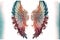 a pair of wings with intricate designs on them, painted in red, white and blue colors, on a white background, with a wh