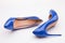 A pair of women& x27;s blue patent leather shoes on a white background