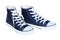 Pair of women`s high top lace up dark navy blue sneakers isolated on white background