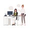 Pair of women working at office together. Female clerks dressed in smart clothes sitting in chair and standing at desk