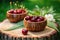 A pair of wooden bowls filled to the brim with fresh cherries sitting atop a sturdy tree stump, Zero waste summer picnic with