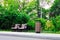 Pair of wooden park chairs and trashcan in green summer park