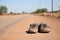 pair of worn-out shoes left in a dusty road