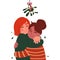 A pair of young girls hugging under the branch of mistletoe. Cartoon characters isolated on white background. Vector illustration