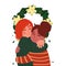 A pair of young girls hugging under the Christmas wreath. Cartoon characters isolated on white background. Vector illustration in