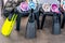 Pairs of Diving Fins, Masks and Snorkel Tubes at Porto de Galinhas Beach, Ipojuca, Pernambuco, Brazil